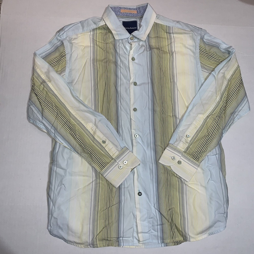 Tommy Bahama Mens Large Long Sleeve Striped Shirt Blue Yellow Cotton Button Up